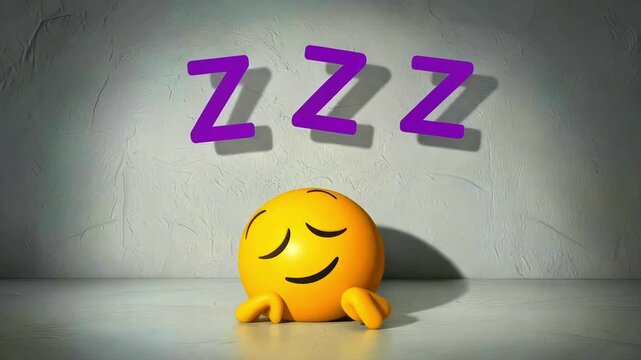 A cheerfully sleeping yellow emoji resting peacefully with vibrant purple zzz symbols floating above its head, symbolizing deep slumber and relaxation.