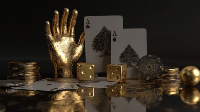 Golden hand holding luxury casino cards with poker, blackjack, and baccarat chips, symbolizing high-stakes gaming, elegance, and premium casino atmosphere.