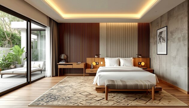 Ruang kamar tidur minimalis dan elegan dengan dinding putih yang bersih
