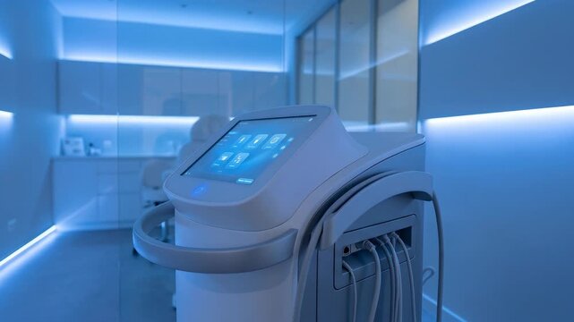 Modern medical aesthetic device with touchscreen interface. High-tech laser equipment in a blue-lit spa or clinic room. Dermatology and cosmetology technology concept