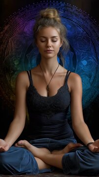 Yin Yang symbols and seven chakras are displayed by a young woman in yoga meditation.