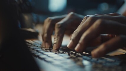 Close-up of hands typing on a keyboard in a dimly lit room, conveying focus and productivity