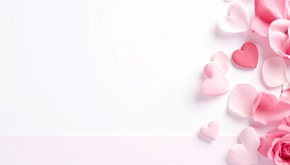 Pink petals and hearts border on white background