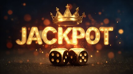 Glowing jackpot lettering shines with a golden crown and dice, creating a bright, lucky casino-style scene.