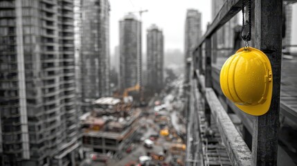 Vibrant yellow safety hard hat hangs over a bustling city construction site. Symbolizes worker safety, urban development, and modern construction industry.