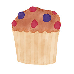 水彩手描きのおやつイラスト。ベリー類が入った一つのマフィン