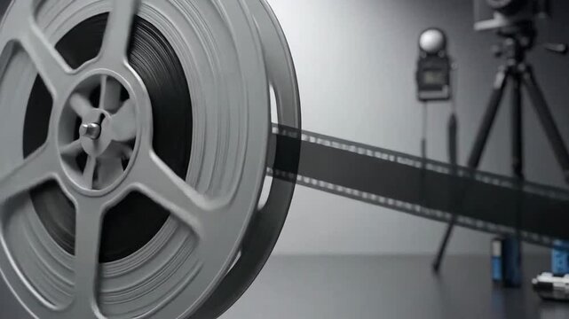 Vintage film reel with camera and light meter, showcasing the art of photography.