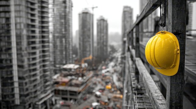 Vibrant yellow safety hard hat hangs over a bustling city construction site. Symbolizes worker safety, urban development, and modern construction industry. - Powered by Adobe