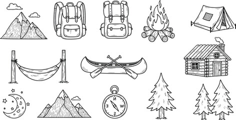 Collection of Line Art Icons Representing Camping and Outdoor Adventures, including Mountains, Tents, Campfires, and the Sun and Moon