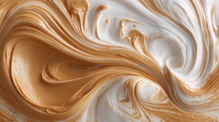 Smooth swirls of light brown and white creamy substance mix. Perfect background for dessert, sweet treats, or food concepts.