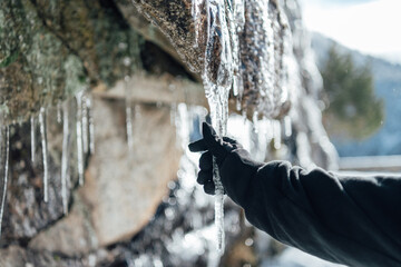Hand in glove holding icicle from rock wall with winter sunlight