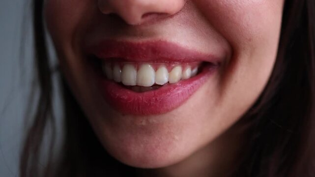 A macro close-up of a young woman's smile showcasing transparent dental aligners on her teeth. This highlights modern orthodontic treatment and aesthetic dentistry.