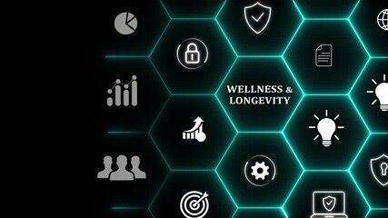 Wellness and Longevity Concept. A technology professional interacts with a digital interface displaying wellness and longevity icons, promoting health and long-term well-being.4k video