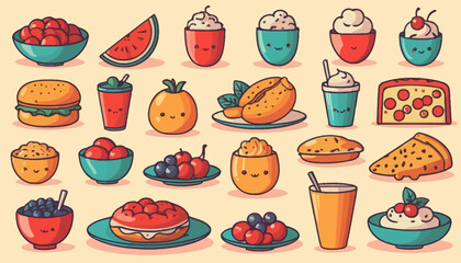 vector art of modern food with cute expression