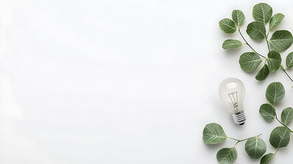 Eco friendly light bulb surrounded by green leaves on white background, symbolizing sustainability and environmental awareness