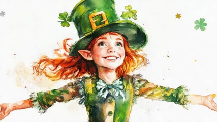 Joyful girl with red hair wearing a St. Patrick's Day costume, smiling broadly and reaching out as if inviting viewers into her festive spirit.