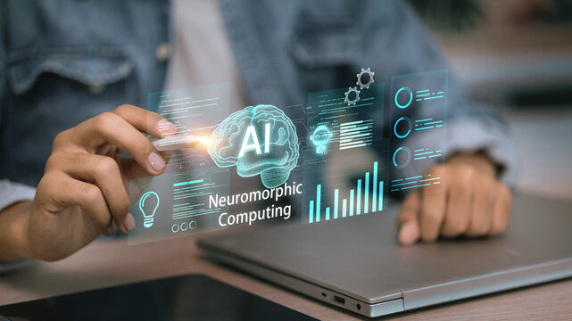 Developer working with Neuromorphic Computing virtual interface and AI brain icons.