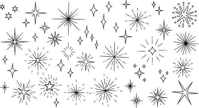 Collection of hand drawn stars in various styles and designs black and white