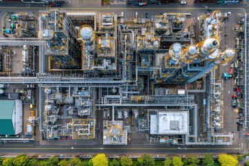 Detailed aerial view of a complex petrochemical industrial plant. Ideal for themes of energy, manufacturing, infrastructure, and technology.