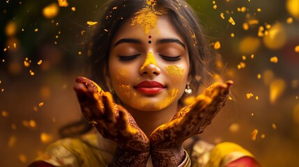 Golden Serenity: A young woman, adorned in gold, finds tranquil peace, eyes gently closed, as golden particles cascade around her, embodying serenity and spirituality.
