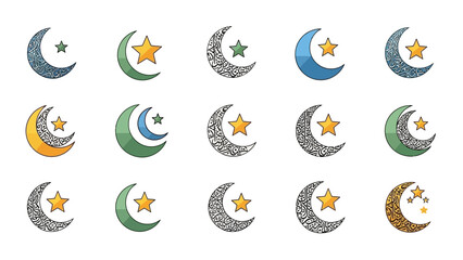 Set of Islamic crescent moon and star symbols with intricate traditional patterns for religious holidays