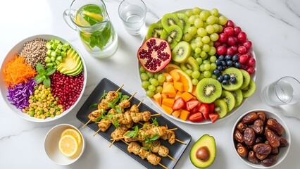 Healthy Iftar Platter with Chicken Skewers Fresh Fruit Salad and Dates Top View