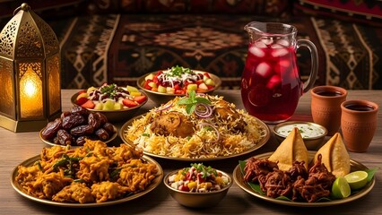 Ramadan Iftar Feast Table with Biryani Dates Samosa and Golden Lantern Decoration