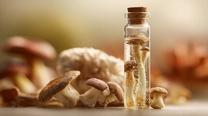 Macro view of mushroom extracts in clear glass for natural remedy use