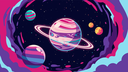 Cosmic Voyage A Colorful Vector Illustration of Planets and Nebulae in Space