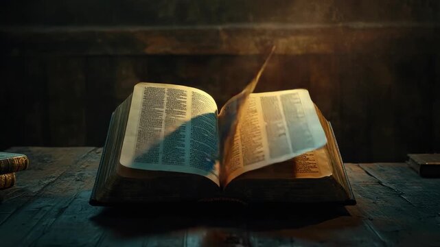 Old leather-bound book with writing, sitting on antique desk in dimly lit room.