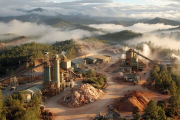 Large industrial plant with conveyors nestled in foggy, forested mountains. Perfect for industrial themes, construction, resource extraction, or environmental topics.