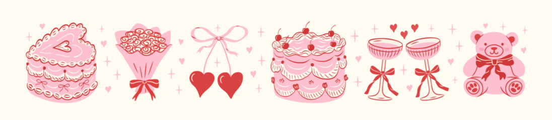 Set of hand drawn coquette elements for Valentines day, wedding invitation, birthday card. Cute girly bows, cherry, cake, toy bear, cocktail, bouquet rose. Vector illustration in sketch style.