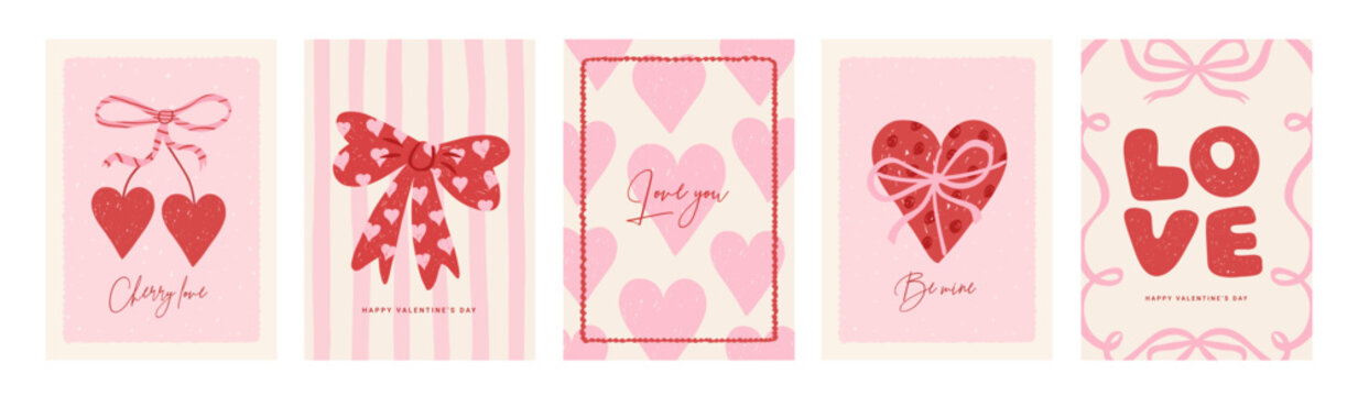 Set of girly coquette greeting cards for Valentine's Day. Romantic design with hand drawn frames, hearts, bows and ribbons, sweet cherry in sketch style. Vector poster, banner, wedding invitation.