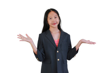 A friendly young Asian girl in professional dark blazer smiling and gesturing with open palms as if presenting or welcoming something.