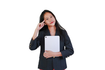 A smart young Asian girl in professional dark blazer holding a digital tablet and pointing to her head, symbolizing bright ideas and creative thinking.