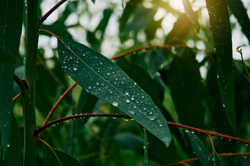 Freshly Dewed Eucalyptus Leaves in Rain