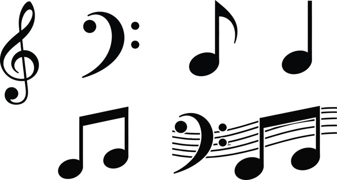 Music notes vector illustration. Hand drawn doodle of musical symbols, treble clef, and staff. Concept for melody, song, audio, sound, concert, or festival background.