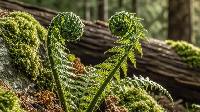 Unfolding fiddlehead ferns rise from vibrant moss in a serene forest setting with sunlit background