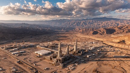 Aerial view of desert industrial plant under dramatic cloudy sky. Represents energy production, industry, and resource development.