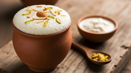 Traditional Sweet Lassi or Rabri Yogurt in Clay Pot with Almonds and Pistachios on Wood