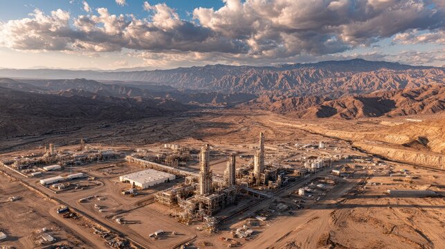 Aerial view of desert industrial plant under dramatic cloudy sky. Represents energy production, industry, and resource development.