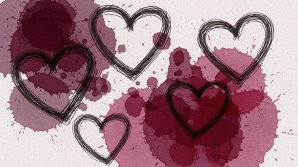 Romantic hand drawn hearts on red paint splatter background