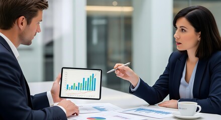 Two focused business professionals are intently discussing critical financial data displayed on a tablet during a collaborative corporate meeting.