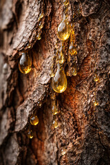 Golden tree resin drop dripping on rough bark texture in sunlight, macro close up of natural amber sap liquid on pine wood trunk background, organic forest nature detail and sticky fluid material conc