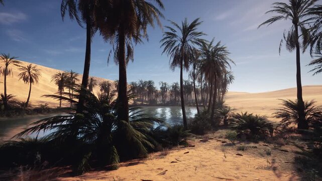 sunlit oasis by tranquil blue lake, wide views of shimmering water and rowed palms along sandy shore, bright sky meeting golden dunes, crisp reflections