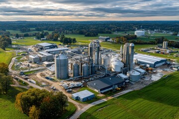 Industrial plant with tanks, silos, buildings amidst green fields and trees. Ideal for concepts of bio-fuel, renewable energy, and industrial infrastructure.