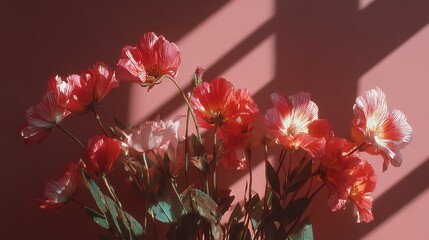 Translucent red and pink flowers display soft light and diagonal shadows. Ideal for feminine branding, elegant backdrops, or peaceful design concepts.