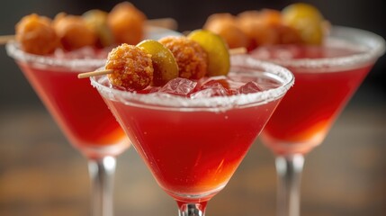 Vibrant cocktail garnished with fruits