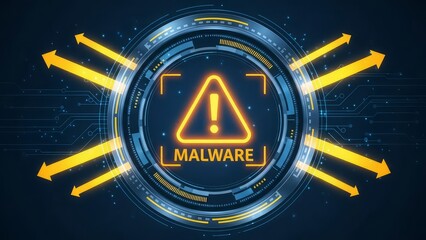 Malware warning sign with glowing yellow exclamation mark and arrows on dark blue background indicating cyber threat alert with security alert and digital with cybersecurity