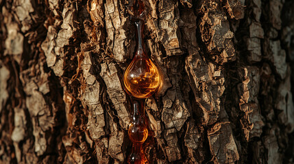 Golden tree resin drop dripping on rough bark texture in sunlight, macro close up of natural amber sap liquid on pine wood trunk background, organic forest nature detail and sticky fluid material conc